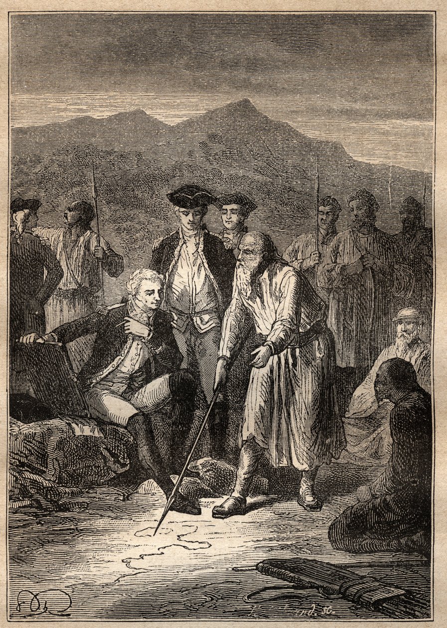 Jean Francois Galaup de La Perouse (1741-1788) tarafından Dünya Çevresi Seferi (1785-1788): Denizciler Saghalian adasında (Sakhaline) karaya çıkarlar ve onlara Tartaria haritası çizen yaşlı bir adamla tanışırlar - “Büyük 18. yüzyılın denizcileri by Unknown artist
