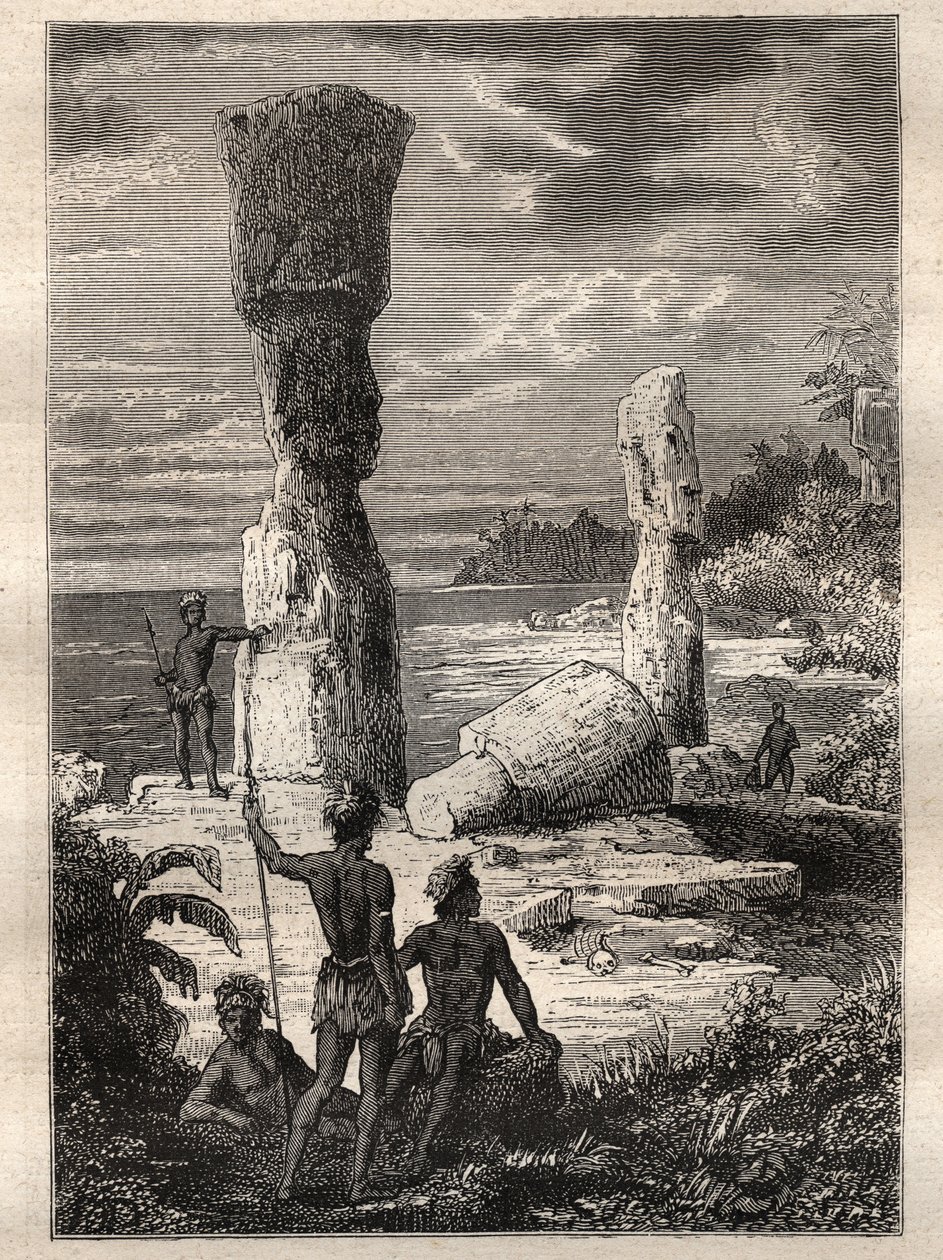 Jean Francois Galaup de La Perouse (1741-1788) tarafından dünya çapında keşif gezisi (1785-1788): Anıtsal heykellere bakan Paskalya Adası yerlileri (Moai) - "18. Yüzyılın Büyük Denizcileri"nden alınan resim by Unknown artist