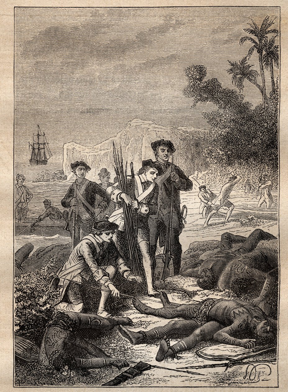 Güney Denizlerinde Jean Francois de Survillle (1717-1770) tarafından keşif gezisi (1769-1770): Surville denizcileri savaş sırasında ölen yerli halkın silahlarını toplar (Yeni İrlanda, Papua Yeni Gine) - çizim “ Büyük Denizciler by Unknown artist