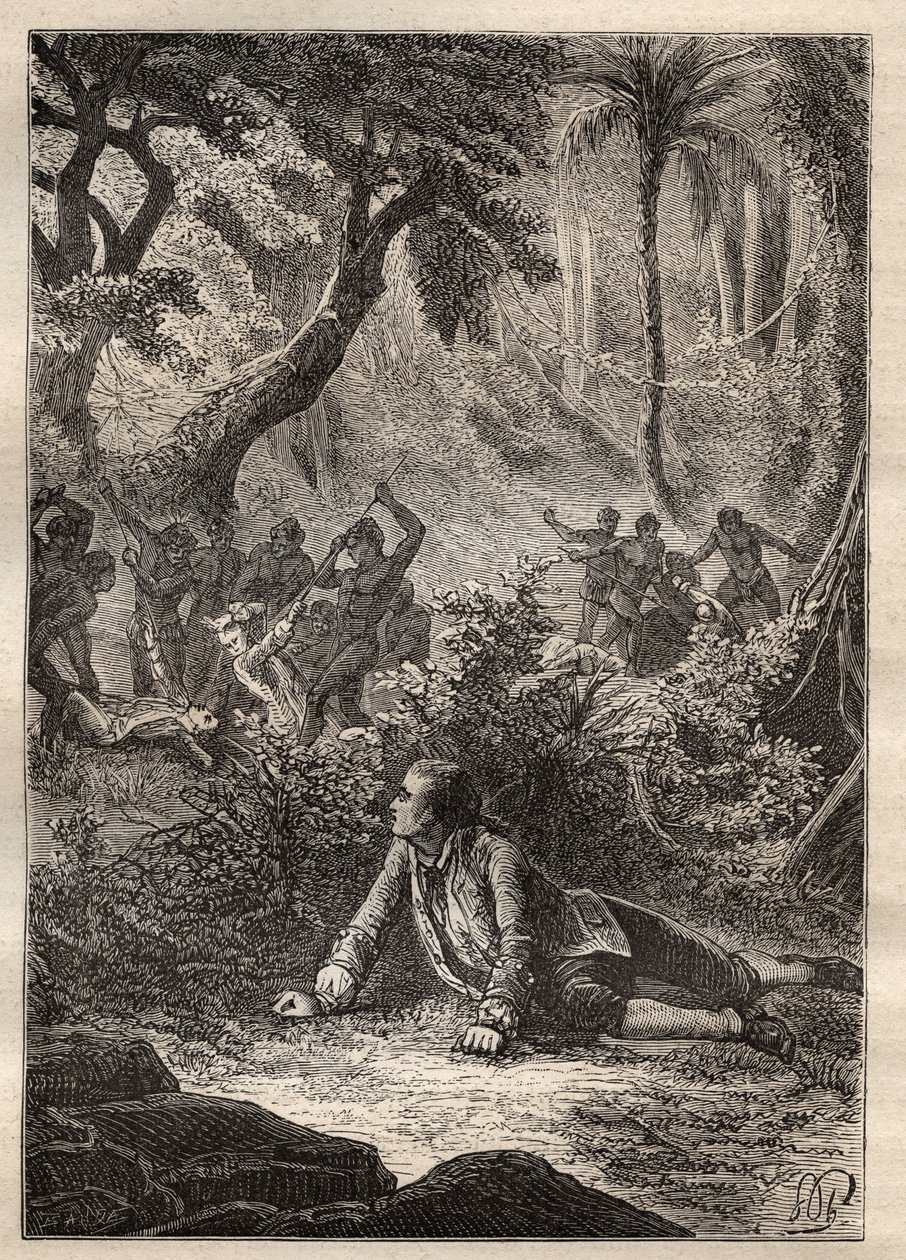 Nicolas Thomas Marion-Dufresne (Marion Dufresne) (1729-1772) tarafından yapılan keşif: hayatta kalan tek denizci, Marion da dahil olmak üzere tüm yoldaşlarının Assassins Körfezi (Matuaro Adası, Yeni Zelanda) yerlileri tarafından katledilmesine tanık oldu - by Unknown artist