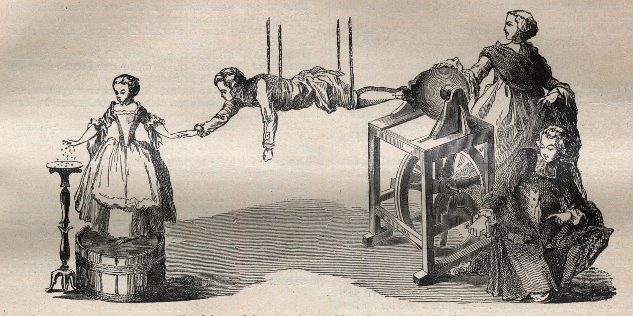 Yaşlı Francis Hauksbee (1666-1713) tarafından elektrikli makine ile yapılan deneyim - “” La Science francaise” de Gravür by Unknown artist