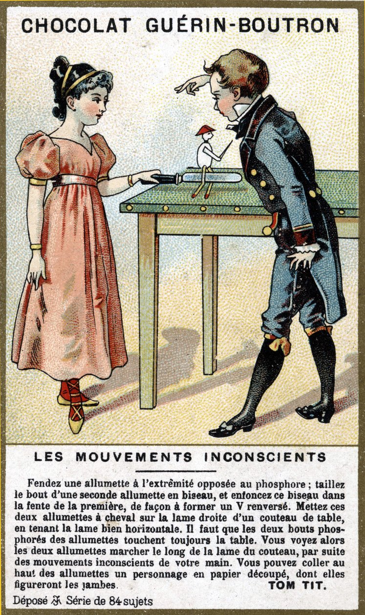Kibrit ve bıçaklı iki çocuğun deneyimi. Guérin Boutron çikolata ambalajının kromolitografisi. by Unknown artist