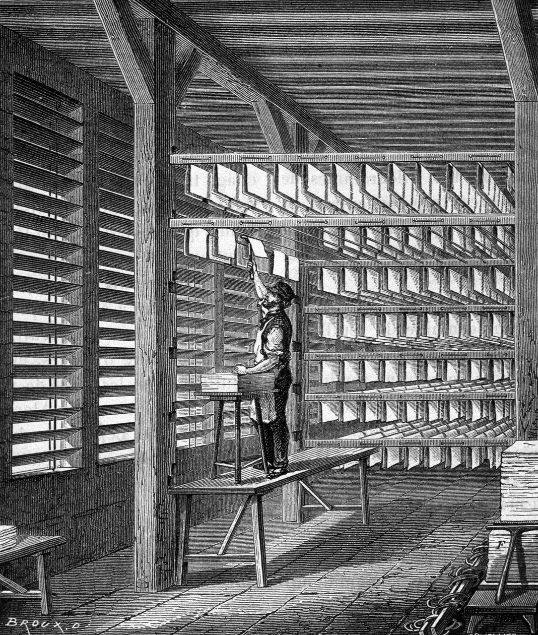 Louis Figuier, Paris tarafından "Endüstrinin harikaları"nda şekillenmek üzere yapılan kağıt yapraklarını uzatıyor by Unknown artist