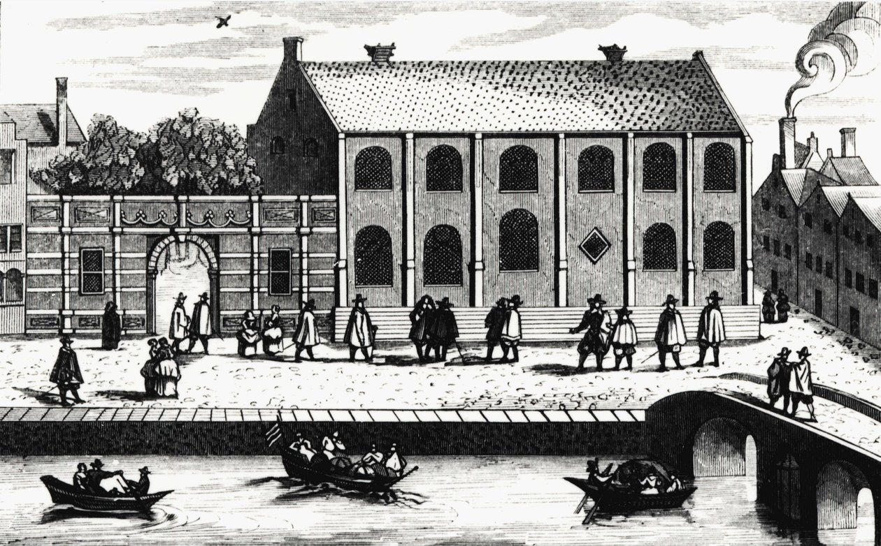 Guillaume de Nassau tarafından 1575 yılında kurulan Leiden Üniversitesi binasının dış görünümü. “” Illustrium Hollandiae, etc, Ordinum, Alma academia Leydensis” den sonra gravür by Unknown artist