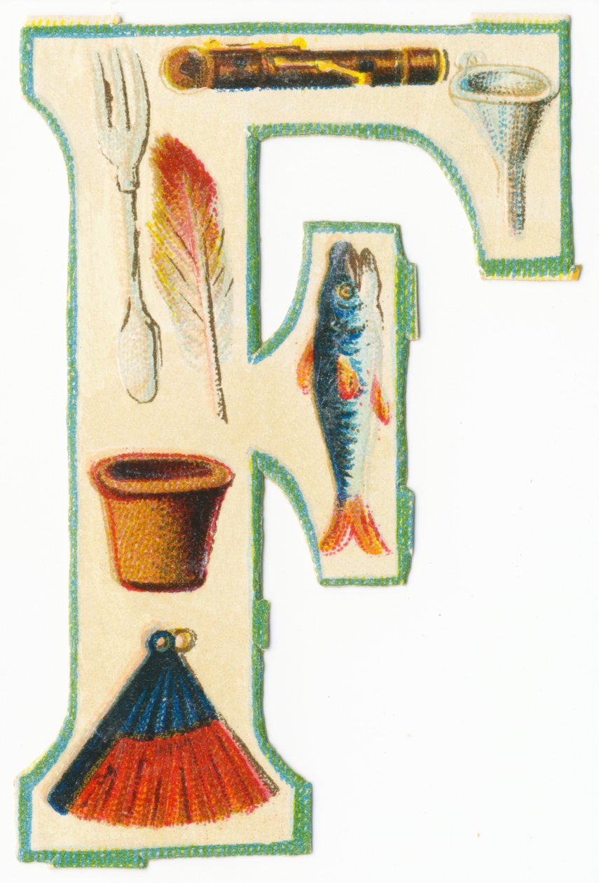 F: çatal, flüt, huni, saksı, tüy, balık, yelpaze (renkli taş) by Unknown artist