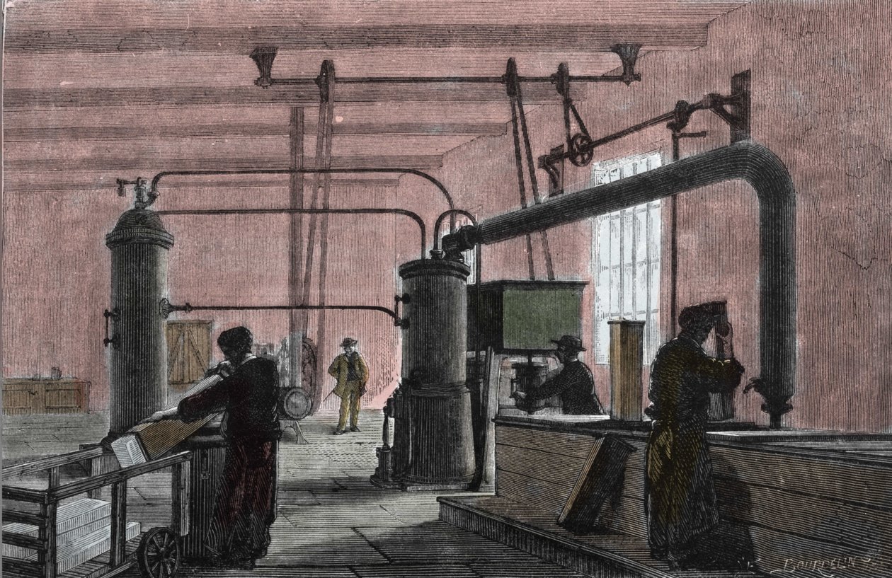 Ferdinand Carre (1824-1894) sistemi ile buz üretimi için fabrika. 19. yüzyılın gravürü. by Unknown artist