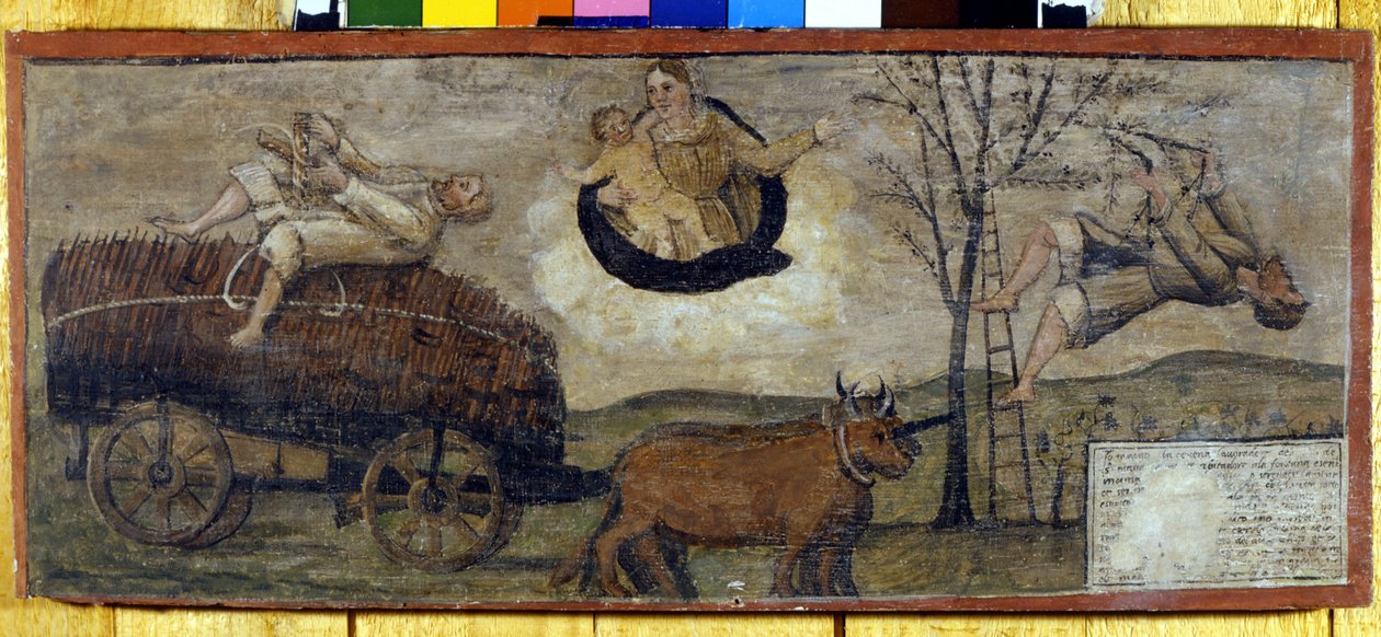 Bir ağacın samanla dolu bir arabaya düşmesi. by Unknown artist