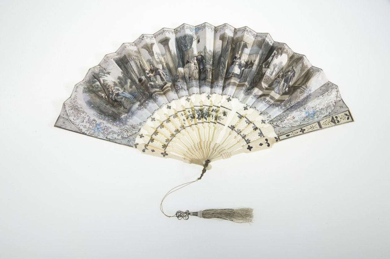 Fan, c.1850, Boyalı kağıt, kemik, gümüş ve ipek ve metalik iplikli püskül, Yapıcı bilinmiyor by Unknown artist