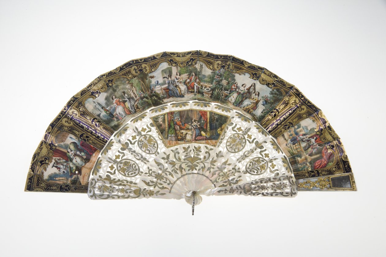 Fan, c.1860, Basılı ve boyalı kağıt, sedef, altın, gümüş ve bakır metaller ve ayna, Yapıcı bilinmiyor by Unknown artist