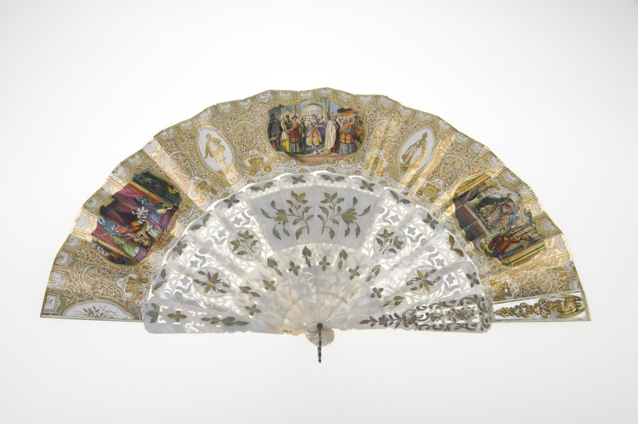 Fan, c.1860, Basılı ve boyalı kağıt, sedef, altın, gümüş ve bakır metaller ve ayna, Yapıcı bilinmiyor by Unknown artist