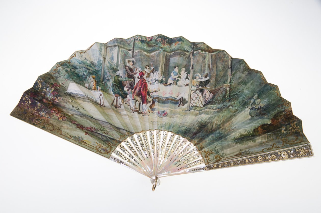 Fan, c.1870, Basılı ve boyalı kağıt, sedef, altın, gümüş ve bakır metaller ve ayna, Yapıcı bilinmiyor by Unknown artist