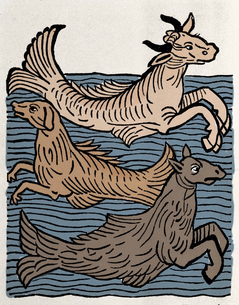 Fantastik yaratıklar: inek, köpek ve deniz atının temsili. “Hortus sanitatis”ten gravür” by Unknown artist