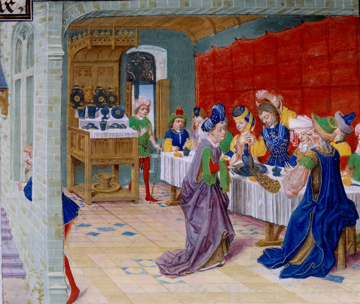 Bayram yemeği sahnesi, masaya tavus kuşu servis edilir. Callisthenes veya Kallisthenes (MÖ 360-328) tarafından “La Vraye Histoire du Bon Roy Alixandre”den alınan minyatür by Unknown artist
