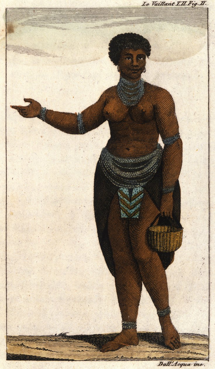 Güney Afrikalı Hottentots kabilesinin kadın üyesi, 1820 gravürü. by Unknown artist