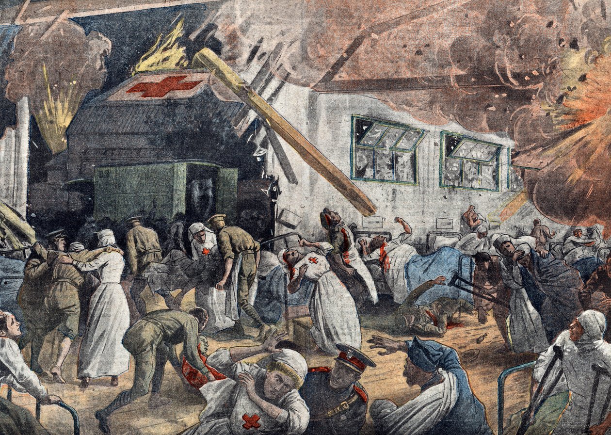 Birinci Dünya Savaşı: Bir İngiliz hastanesinin Alman filoları tarafından bombalanması, Haziran 1918 "Le pelerin "den illüstrasyon 18/06/1918 Özel koleksiyon by Unknown Artist