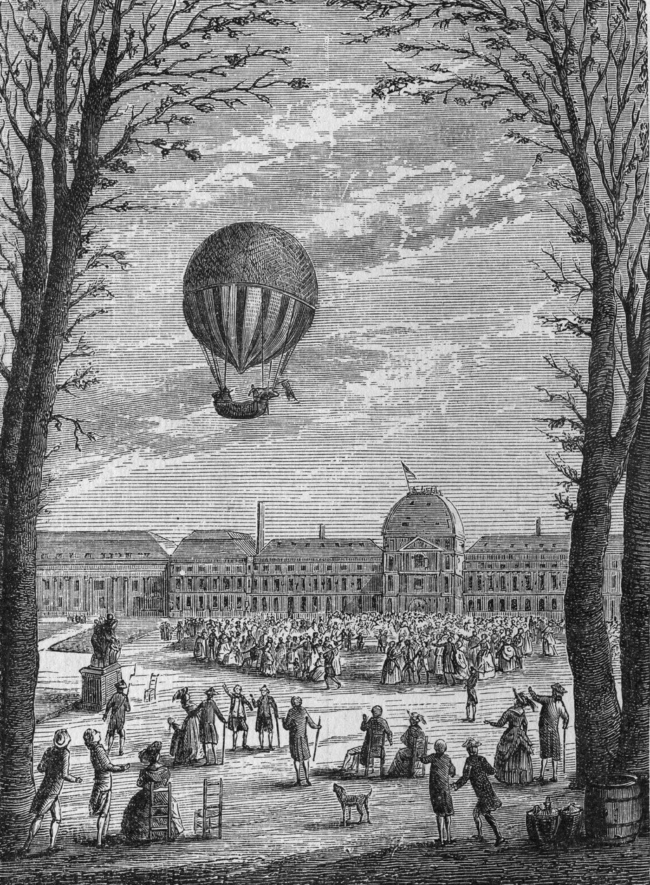 Charles ve Robert tarafından bir hidrojen gazı aerostatına ilk hava yolculuğu, 1 Aralık by Unknown artist