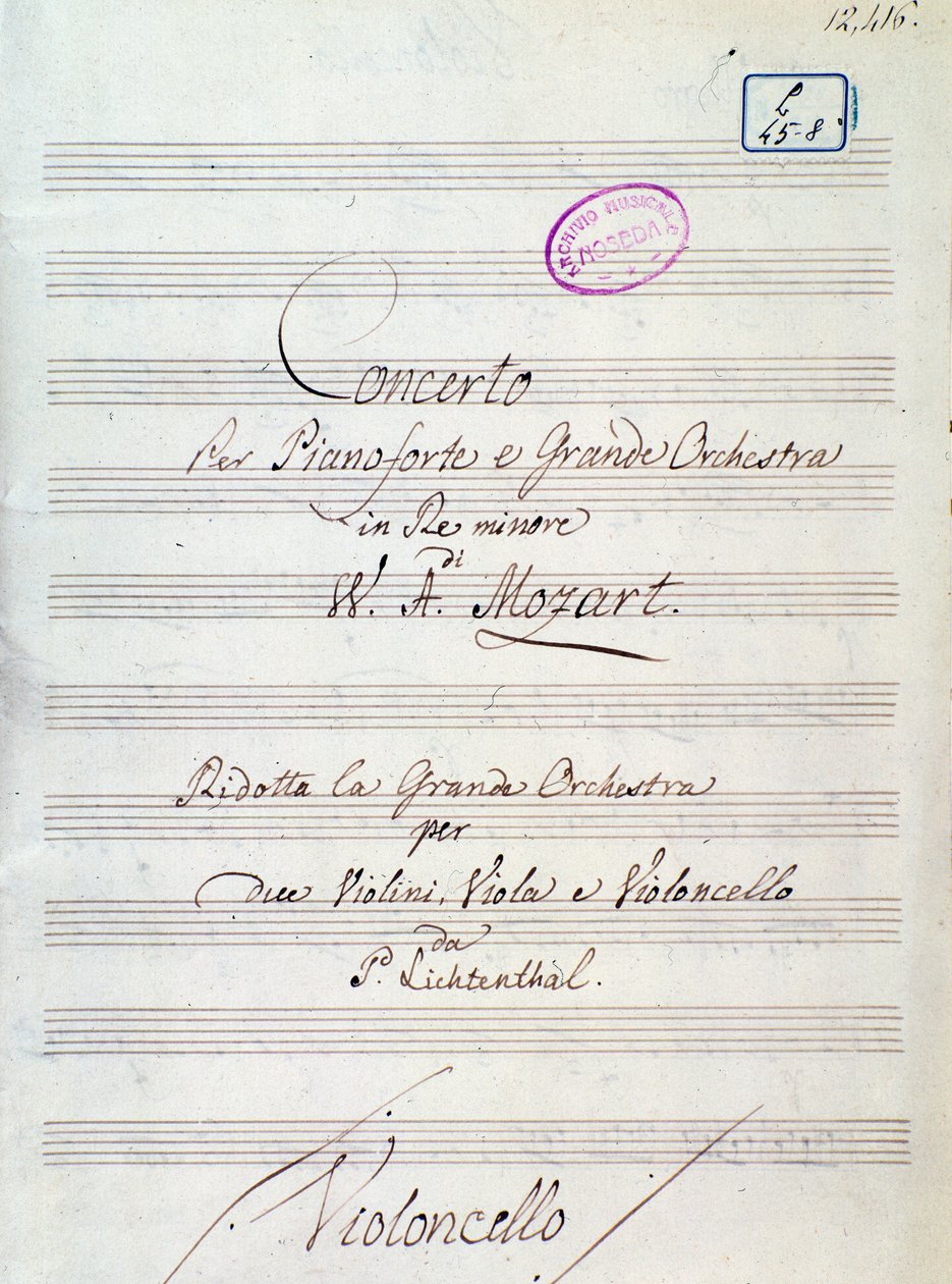 Mozart tarafından Re minör piyano ve büyük orkestra için Konçerto için notaların ilk sayfası, Lichtenthal versiyonu (19. yüzyıl) by Unknown artist