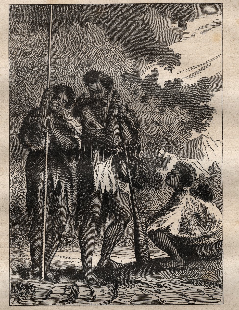 Kaptan James Cook (1728-1779) tarafından yapılan ilk yolculuk (1768-1771): Neo-Zelandan ailesi (Neo Zelandaise) - “18. Yüzyılın Büyük Denizcileri”nden alınan çizim” by Unknown artist