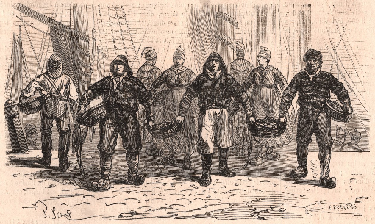 Trouville, Fransa limanının rıhtımında balık dolu sepetleri olan balıkçılar by Unknown