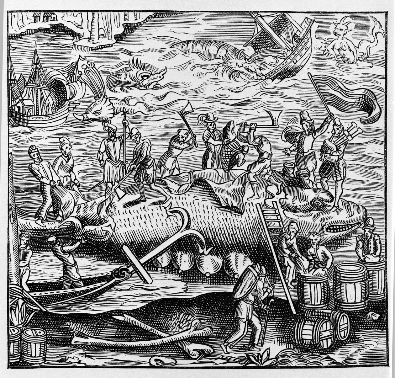 Balıkçılık ve balina avcılığı, Thevet'in “Evrensel Kozmografisi”nden bir ahşap oymaya dayalı. Paris 1575 by Unknown artist