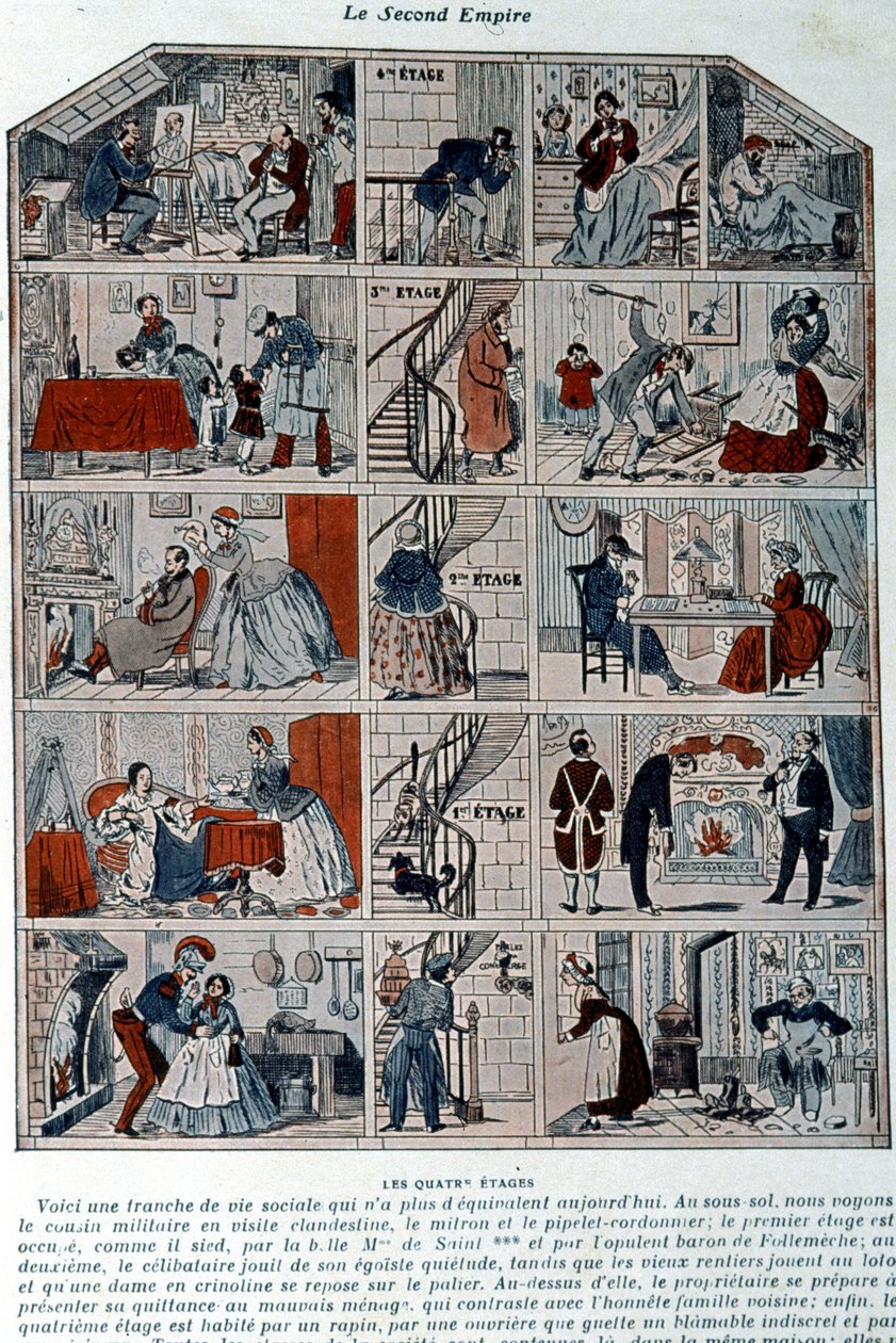 İkinci imparatorluk altındaki farklı sosyal sınıfları gösteren beş kat. Bir Paris binasının bir kesiti olarak temsil edilen illüstrasyon. by Unknown artist