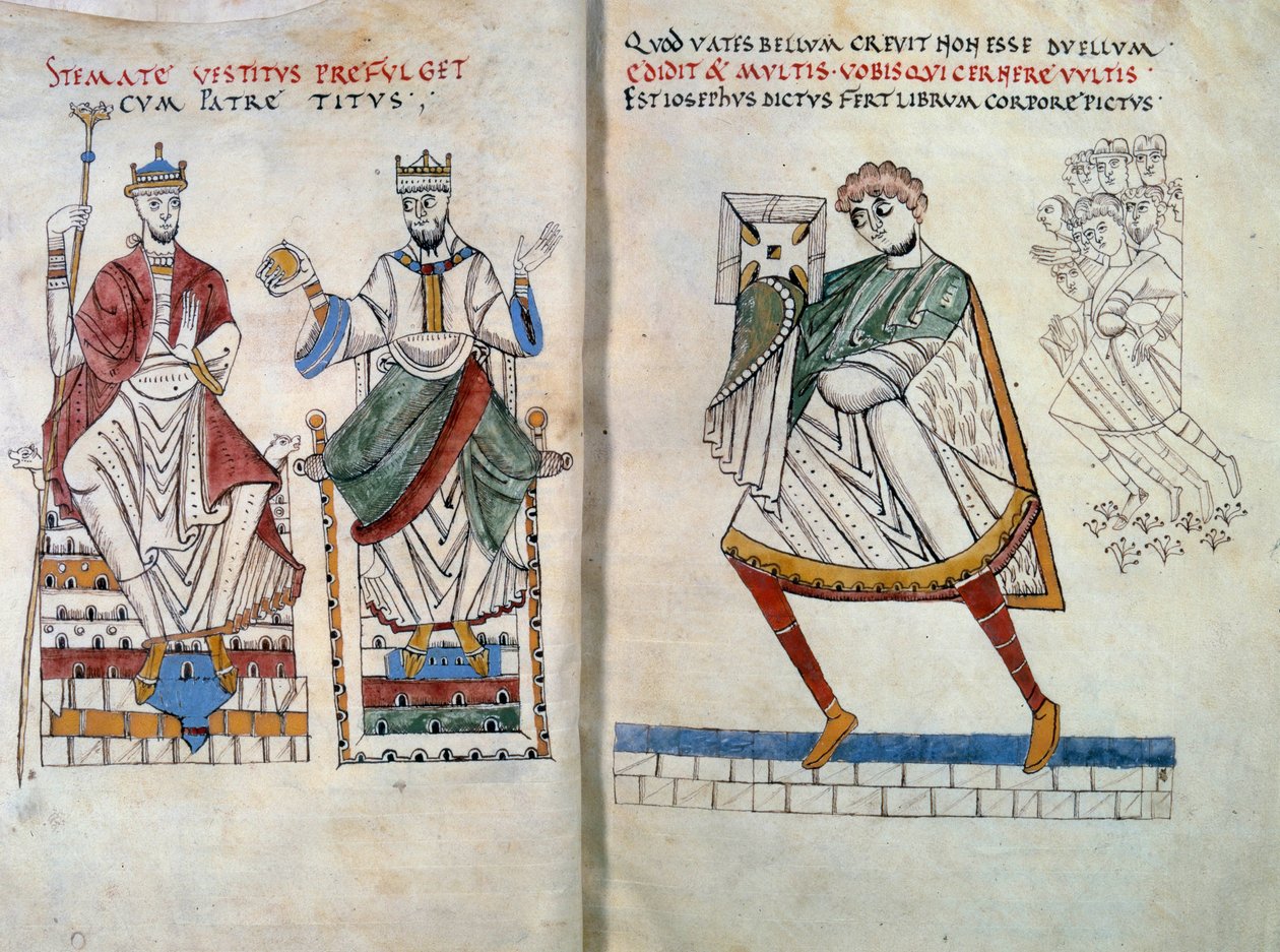 Flavius Josephe (aslen Yossef ben Matityahu, Yunanca konuşan Yahudi tarihçi (37-100) kitabını İmparator Titus ve Vespasian'a sunuyor. Minyatür "" De Bello Judaico (Yahudilerin Savaşı)"ndan (folio 2 ve 3) alınmıştır. by Unknown artist