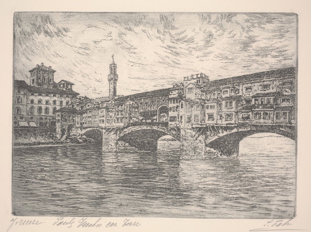 Floransa, Kule ile Ponte Vecchio, muhtemelen 19. yüzyılın sonları (gravür) by Unknown artist