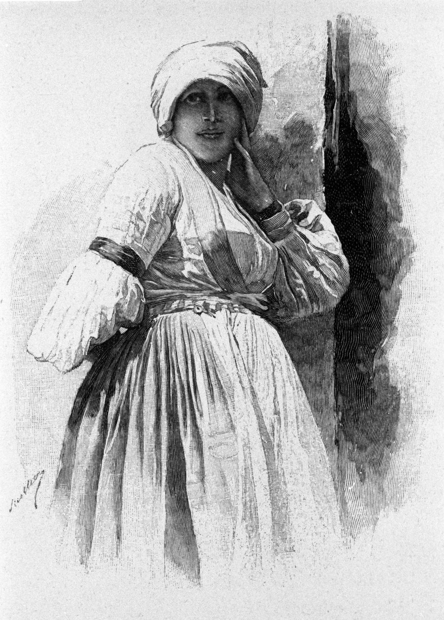 Folklor: Piana degli Albanesi'nin geleneksel kostümlü kadın. 19. yüzyılın Sicilya gravürü by Unknown artist