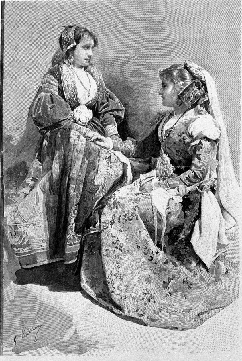 Folklor: geleneksel düğün kostümleri giymiş kadınlar, Sicilya. 19. yüzyıl gravürü. by Unknown artist