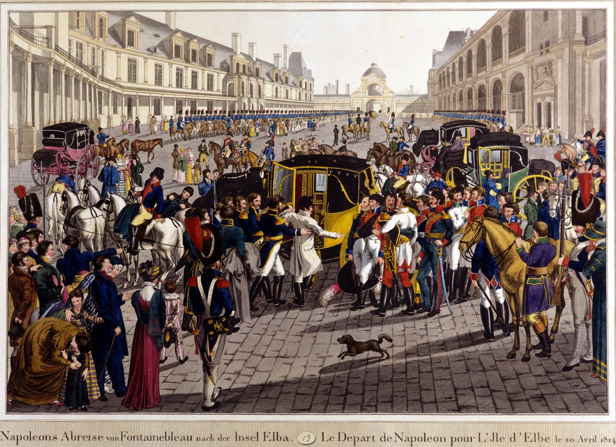 Fontainebleau. Napolyon Bonapart'ın Elba adasına hareket etmesi. 20/04/1814. 19. yüzyılın gravürü. by Unknown artist