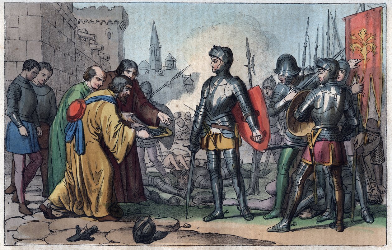 Francesco Ferrucci (1489-1530), Volterra şehrinin anahtarlarını alır - Evrenin Tüm Halklarının “” Kullanımları ve Geleneklerinden gravür. Bu, hükümetin, yasaların, milislerin, en eski zamanlardan tüm ulusların dininin tarihidir. by Unknown artist