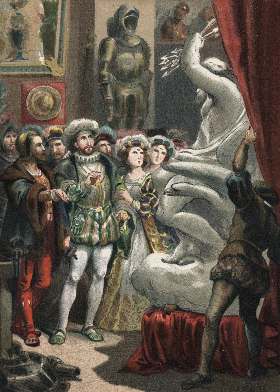 François I (1494-1547), Fransa Kralı, İtalyan heykeltıraş Benvenuto Cellini (1500-1571) 1881 gravüründe Juan Justo Huguet tarafından "Güzellik Kültü"nde, Molinas Hermanos editörleri by Unknown artist