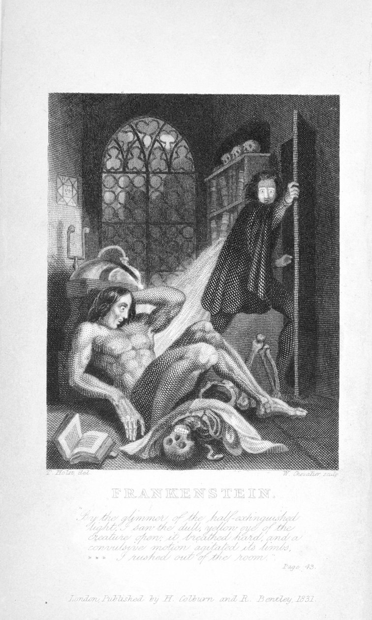 Frankenstein. Yarı sönmüş ışığın parıltısıyla, yaratığın donuk sarı gözünün açık olduğunu gördüm: Zor nefes alıyor ve uzuvlarını sarsıcı bir hareketle çalkalıyordu. Hızla odadan çıktım' by Unknown artist