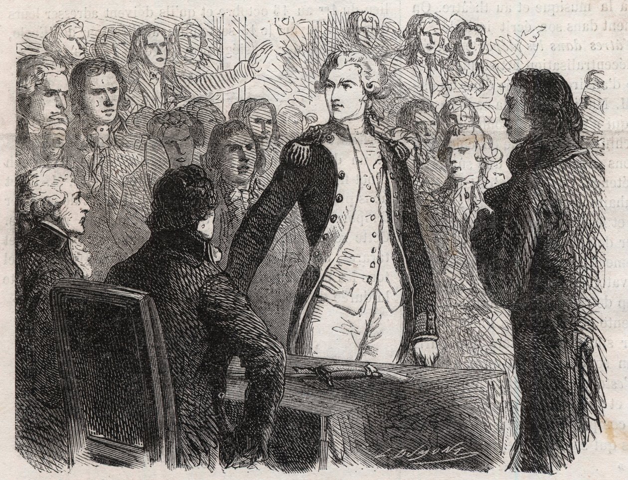 Fransız Devrimi: General Gilbert du Motier de La Fayette (1757-1834) Ulusal Muhafız komutanlığından istifa ediyor - “” Le Monde Illustré” de Gravür by Unknown artist