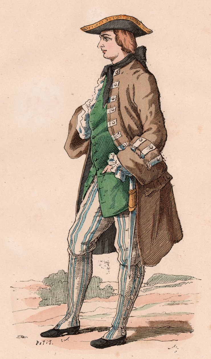 XVIII.Yüzyılda av kostümü giymiş, palto, yelek ve tricorn şapka giymiş, yanında bir hançer olan Fransız beyefendi (renkli gravür) by Unknown