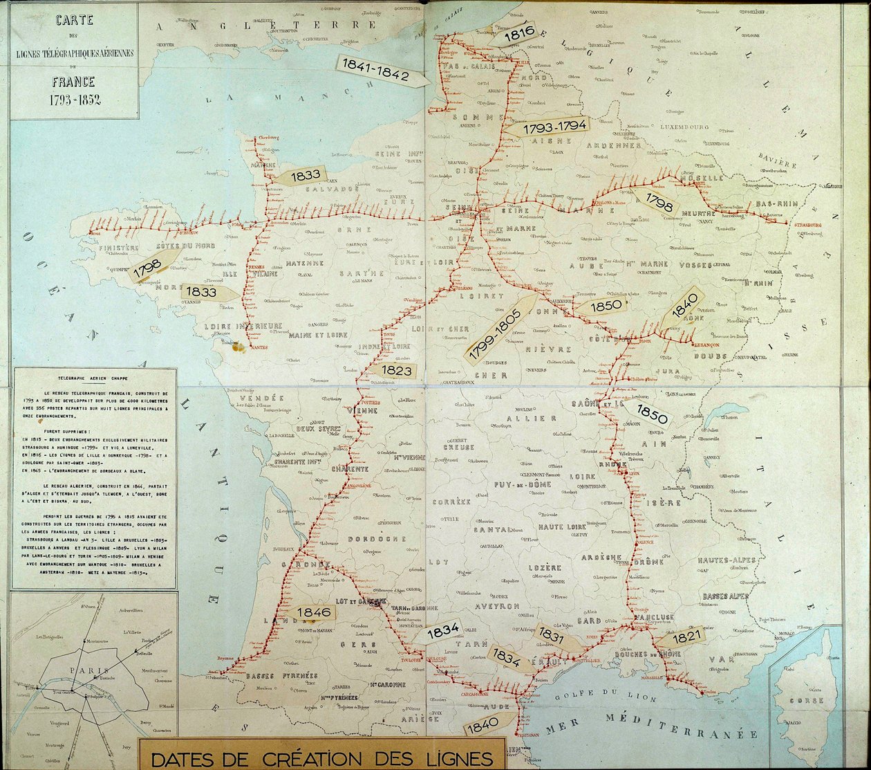 Hava telgraf hatlarını gösteren Fransız coğrafi haritası. 19. yüzyılın başı. Paris, Musée de la Poste by Unknown artist