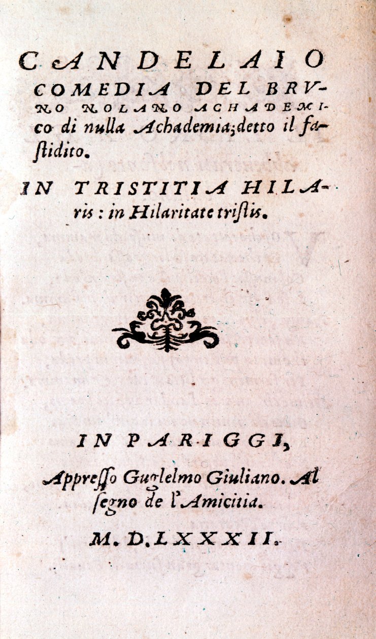 Giordano Bruno (1546-1600), İtalyan filozof ve ilahiyatçı tarafından “Il candelaio”nun (şamdan) cephesi. 1582 by Unknown artist