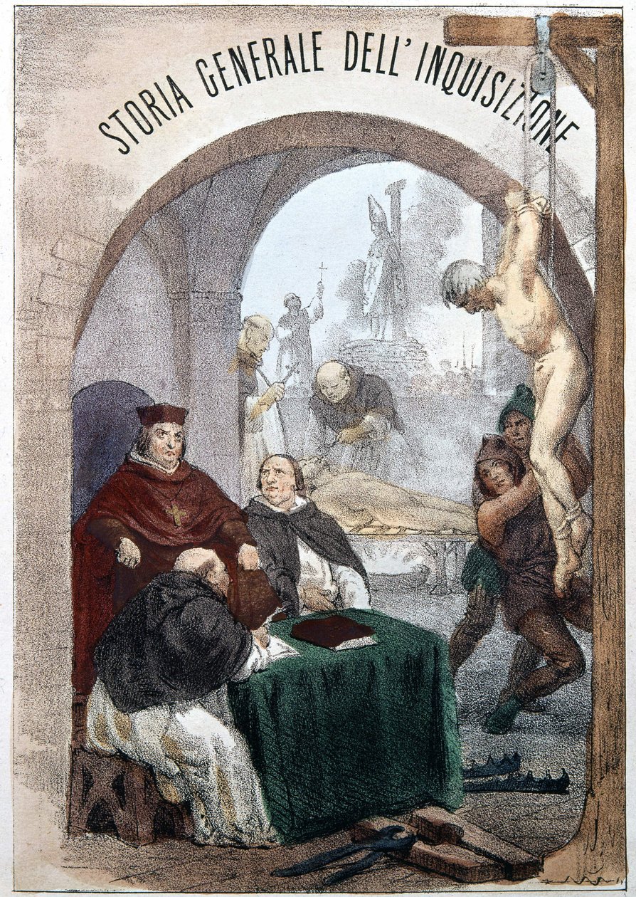 Sembolik engizisyon sahnelerini betimleyen bir illüstrasyonla Pietro Tamburini tarafından Engizisyonun Genel Tarihinin Cephesi. Milano 1850. by Unknown artist