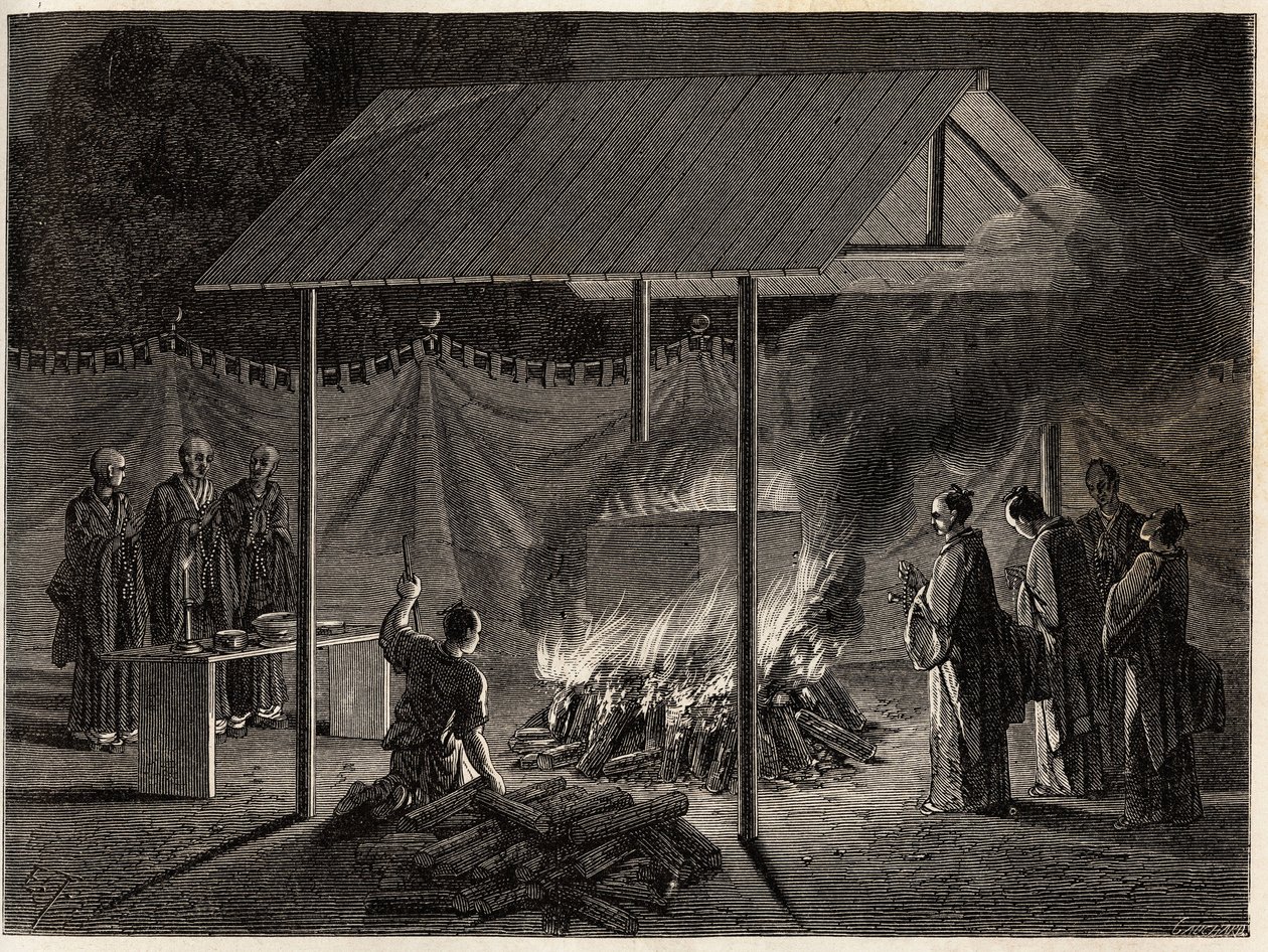 Cenaze törenleri: ritüel yakma. Edouard Charton başkanlığında yayınlanan “Le tour du monde, nouveau dergi des voyages” da İsviçre Konfederasyonu bakanı Aime Humbert tarafından 1863-1864
