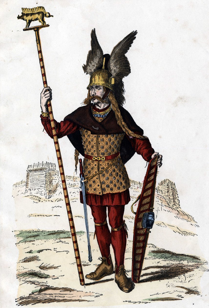 Savaş işareti taşıyan Galyalı lider - “Yüzyıllar boyunca Fransızların Sivil ve Askeri Kostümleri Paris F. Roy 1882”. by Unknown artist