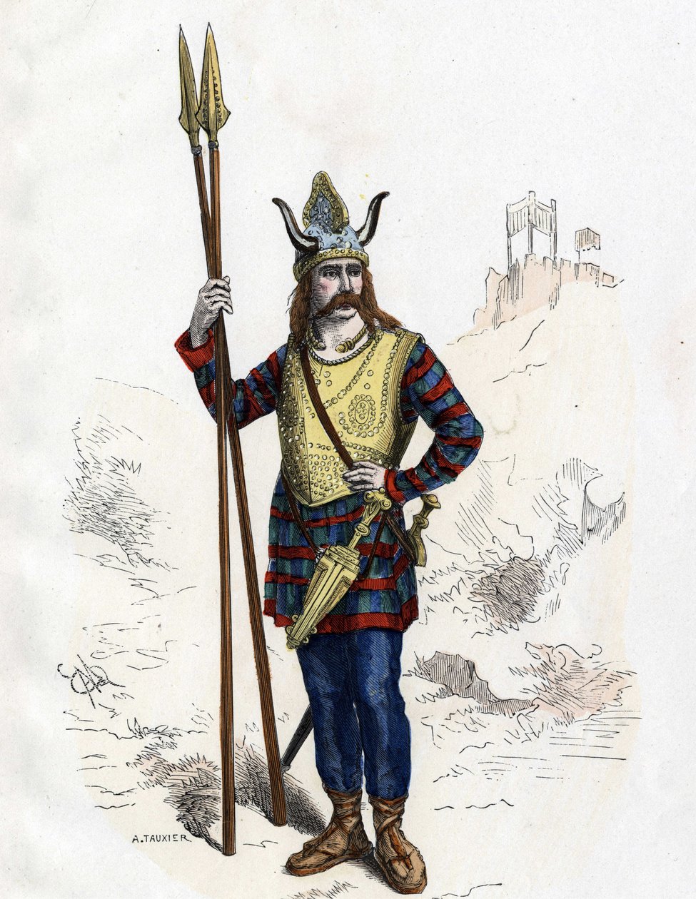 Roma fethinden önceki Galya lideri - “” Yüzyıllar boyunca Fransızların Sivil ve Askeri Kostümleri Paris F. Roy 1882”. by Unknown artist
