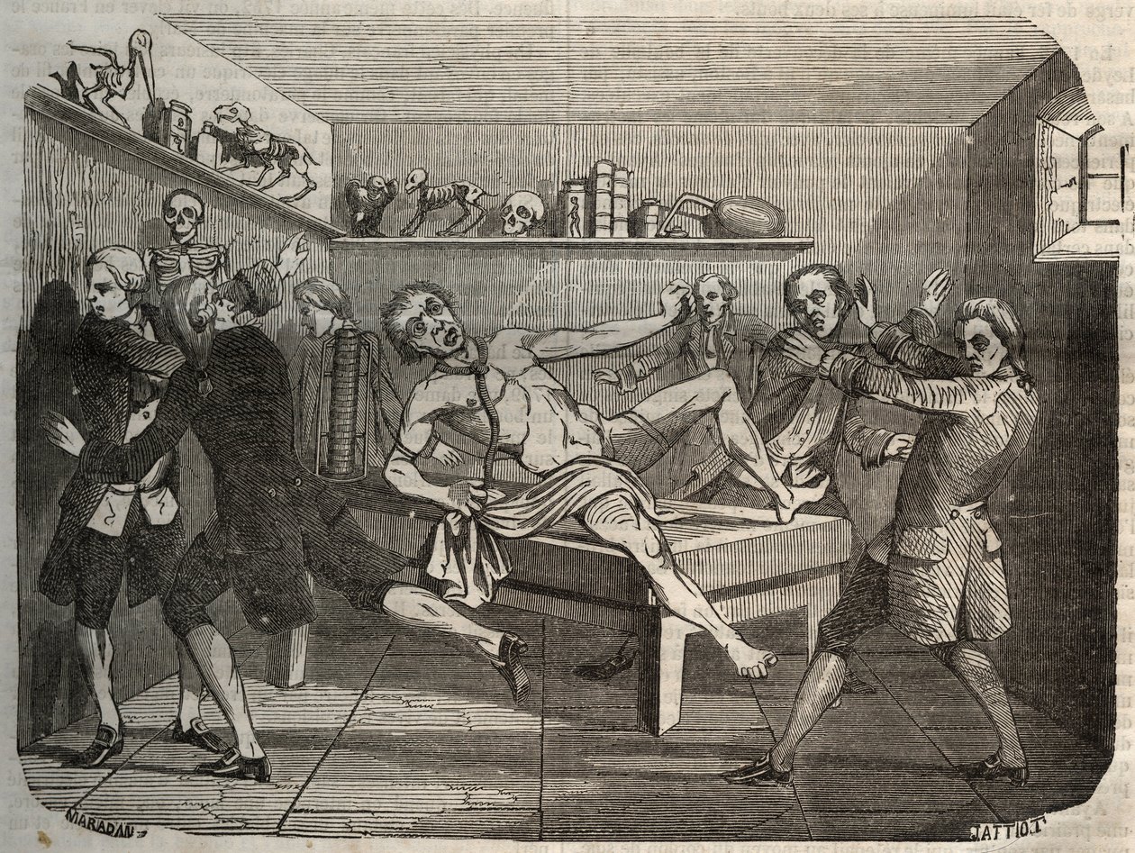 Alessandro (Alexandre) Volta yığını ile bir cellat cesedinin galvanizlenmesi: elektriğin etkisi altında ceset hayata geri dönmüş gibi görünüyor. “Le Musee Des Sciences” da 1856