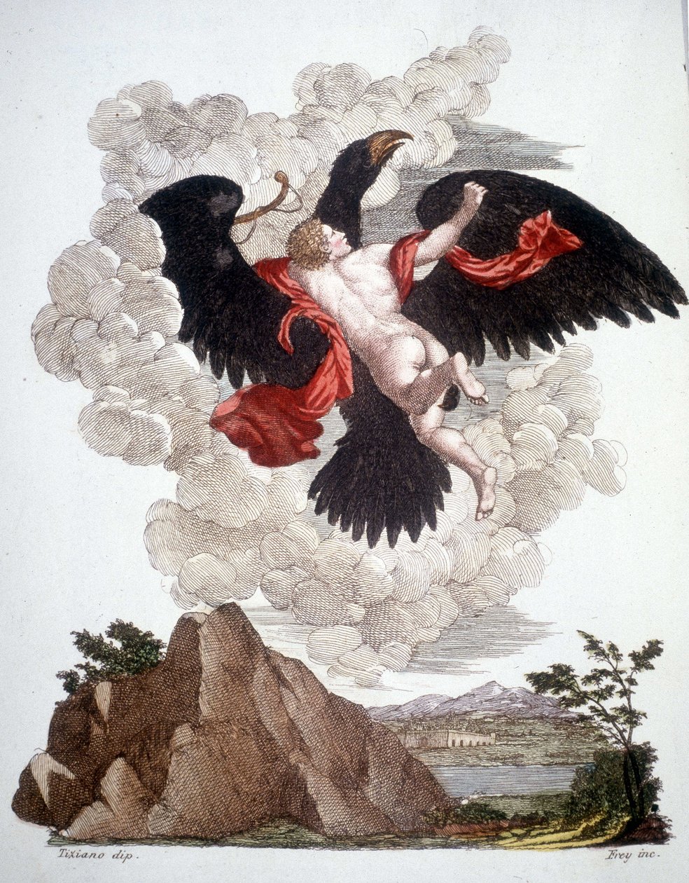Jüpiter (Zeus) tarafından çıkarılan Ganimede kartala dönüştü - gravür by Unknown artist