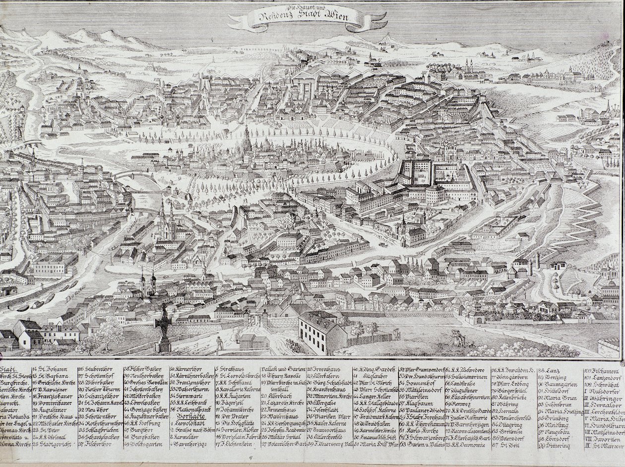 Ana bina ve anıtların detayları ile Viyana şehrinin genel görünümü. 1800 Özel Koleksiyondan Avusturya Gravürü by Unknown artist