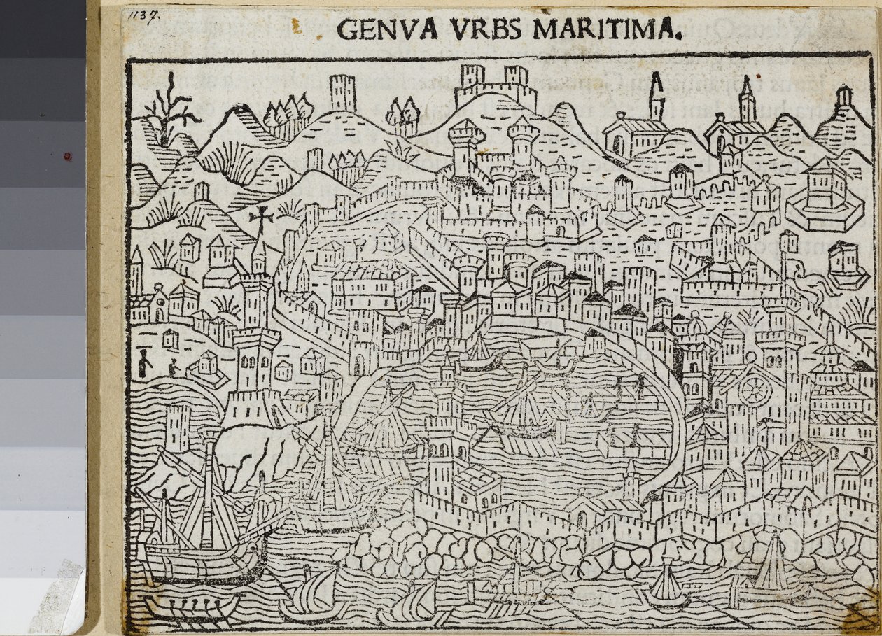 Bir deniz kenti olan Cenova, Jacopo Filippo Foresti'nin 'Supplementum Chronicarum'dan, Venedik 1486 (gravür) by Unknown artist