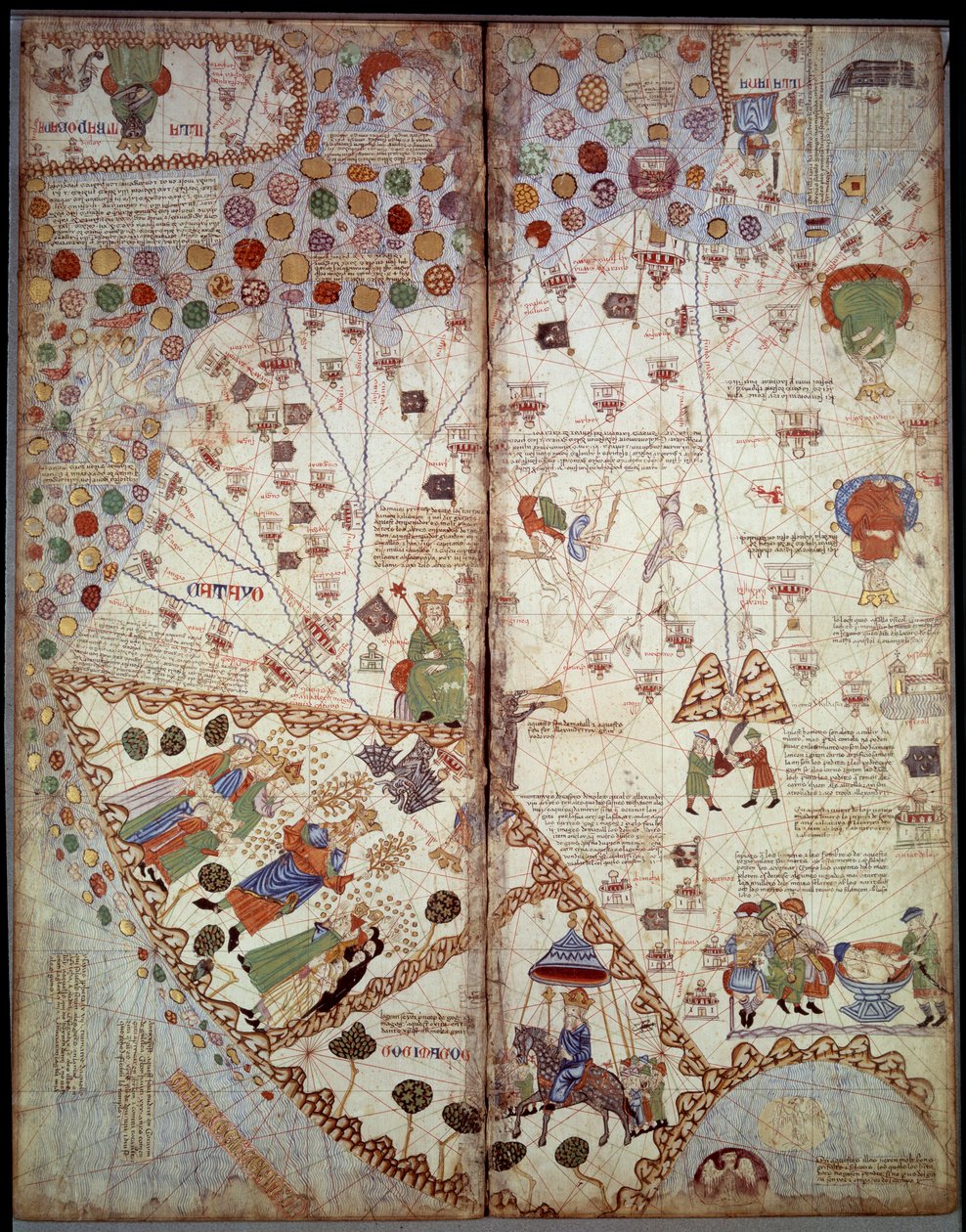 Coğrafi harita: Çin, Ganj Vadisi, Sumatra, Ceylan. Katalan Atlası (Katalan haritası) (İspanya). Abraham Cresques