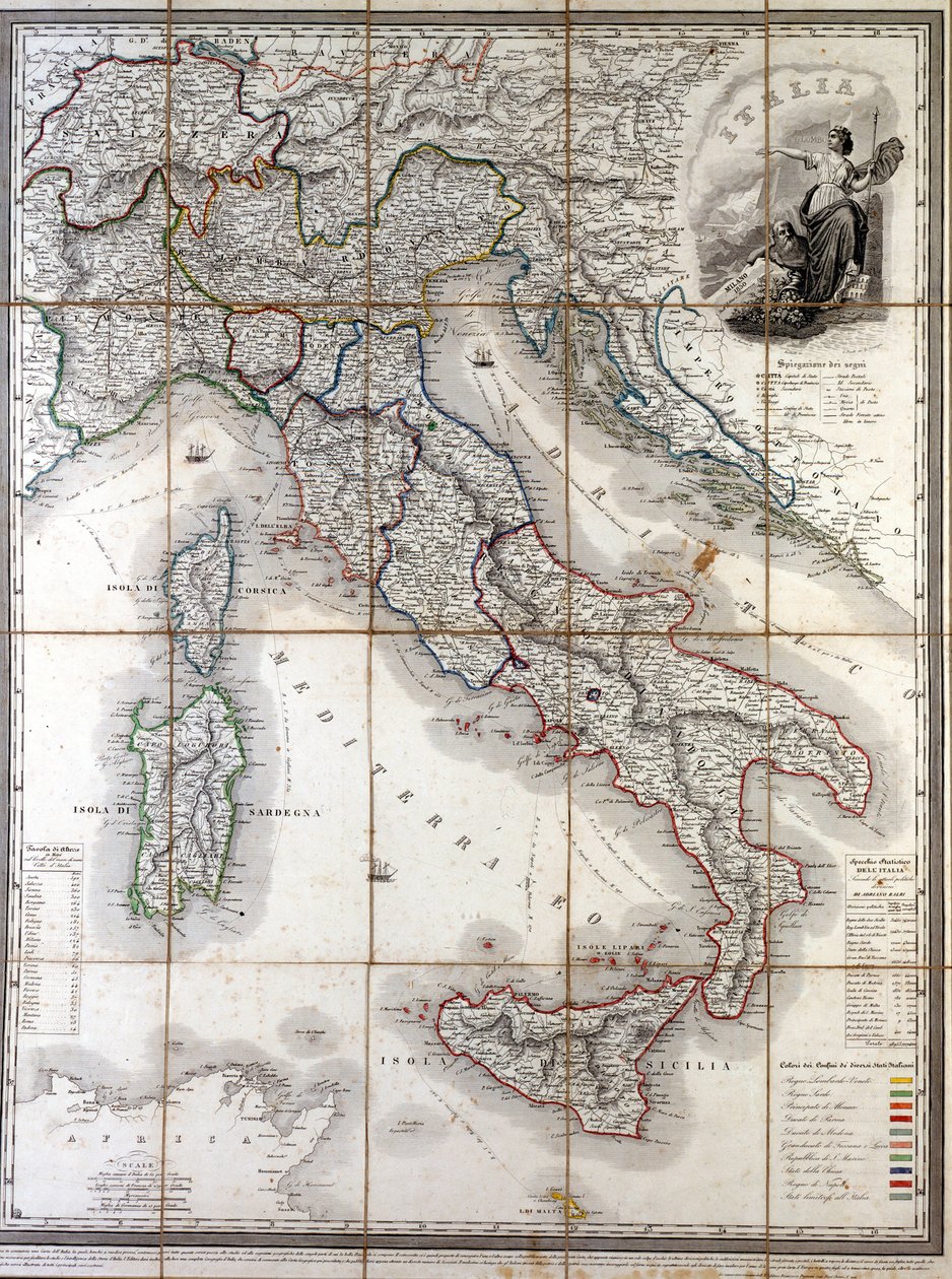 Risorgimento'dan önce ülkeyi oluşturan farklı devletlerin sınırlarının sınırlandırılmasıyla 1850'de İtalya'nın coğrafi haritası. by Unknown artist