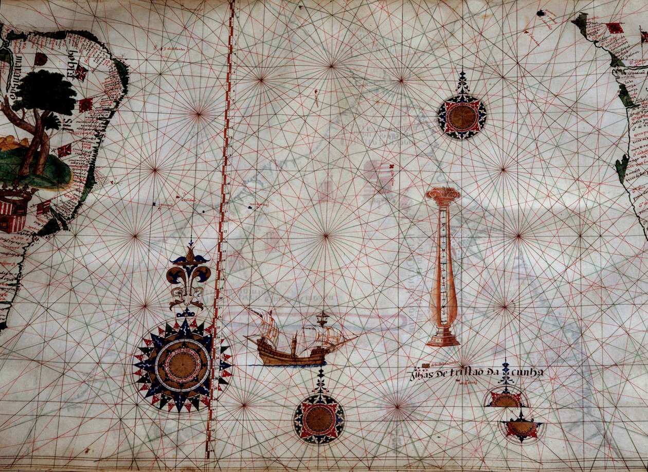 Coğrafya: Luis Lazare'nin (16. yüzyıl) Tristan da Cunha takımadalarının (veya Tristan d'Acunha) adalarını ve aynı adı taşıyan kaşifin Güney Afrika kıyılarındaki karavelini temsil eden bir navigasyon haritasının detayı. 1563 Lizbon, Ulusal Mu by Unknown artist