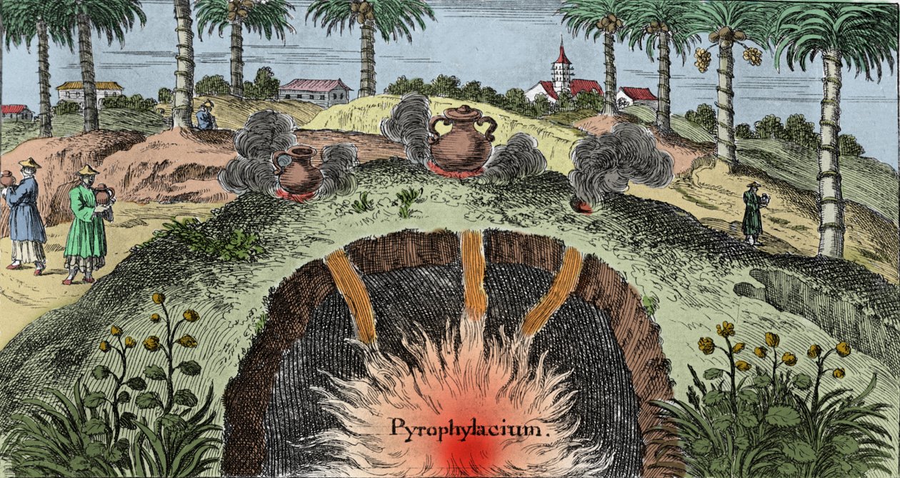 Jeoloji: ateşin dünyadan çıkışını açıklayan dünyanın kabuğunu kesmek. Johann Zahn'ın (1631-1707) “Mundi Mirabilis Oeconomia” adlı gravürü by Unknown artist