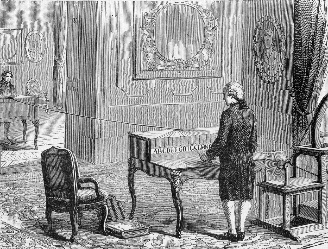 Georges Lesage, bir prototipin önündeki ilk elektronik telgrafın mucidi. 1774. 19. yüzyıl gravürü. by Unknown artist